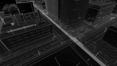 Digital skyscrappers with wireframe texture. Technology and connection concep Stockillustratie