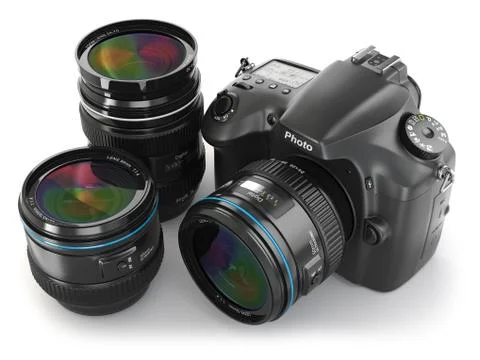 Digital slr camera with lens. photography equipment. Stock Illustration