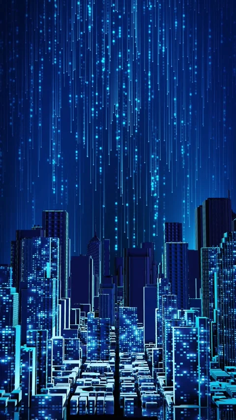 Digital Smart City with Binary Data Rain and AI Technology Video stock 342610877