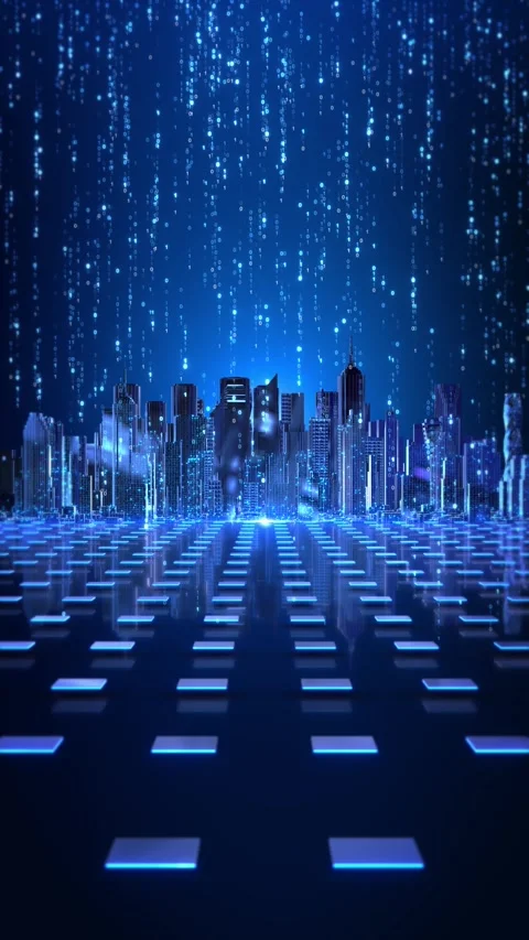 Digital Smart City with Binary Data Rain and Future Technology Video stock 342611161