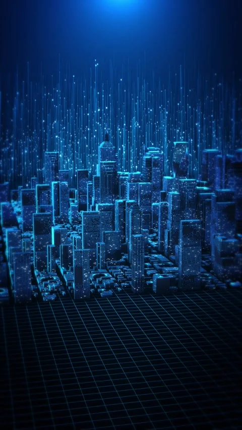 Digital Smart City Under Blue Binary Data Rain Video stock 342611532
