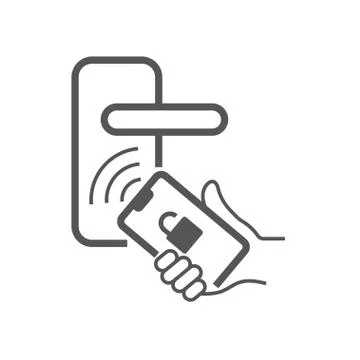 Digital smart door lock that opens with smartphone. In hand smartphone to open イラスト素材