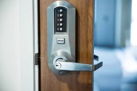 Digital smart door lock security system with a password, close up on numbers on 스톡 사진