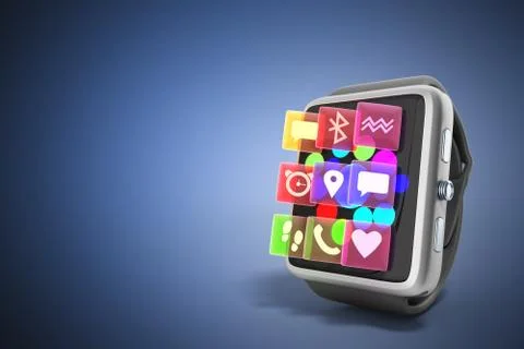 Digital smart watch or clock with icons 3d render on blue Stock Illustration