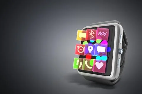 Digital smart watch or clock with icons 3d render on grey Illustrazione stock