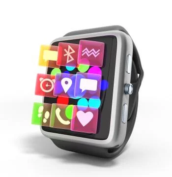 Digital smart watch or clock with icons 3d render on white Stock Illustration