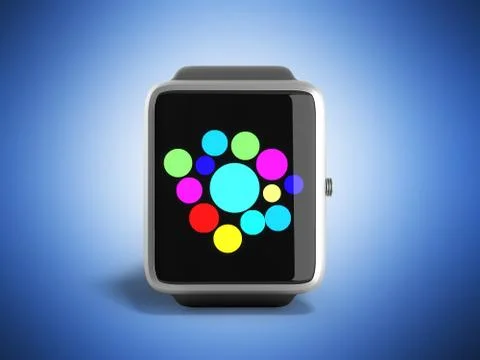 Digital smart watch or clock with icons 3d render on blue Stock Illustration