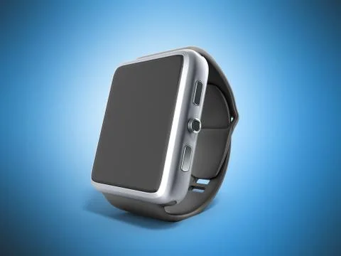 Digital smart watch or clock with icons 3d render on blue Stock Illustration