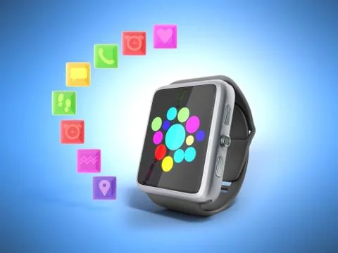 Digital smart watch or clock with icons 3d render on blue Illustrazione stock