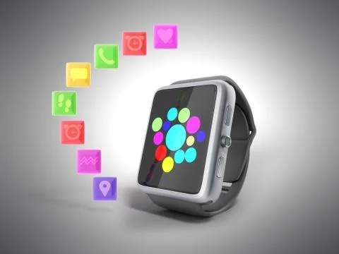 Digital smart watch or clock with icons 3d render on grey Illustrazione stock