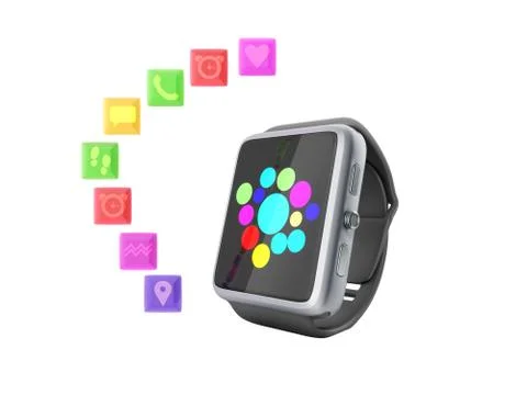 Digital smart watch or clock with icons 3d render on white no shadow Illustrazione stock