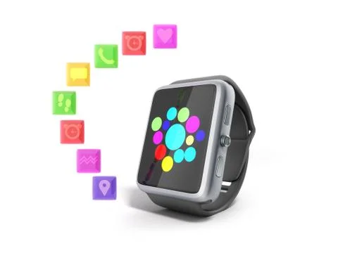 Digital smart watch or clock with icons 3d render on white no shadow Stock Illustration