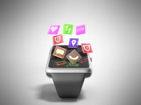 Digital smart watch or clock with icons 3d render on grey Illustrazione stock