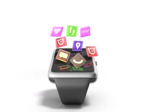 Digital smart watch or clock with icons 3d render on white Illustrazione stock