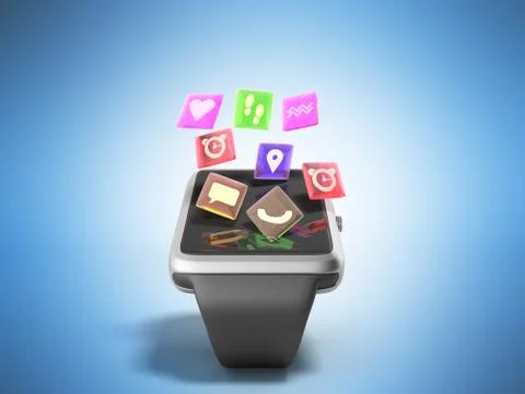 Digital smart watch or clock with icons 3d render on blue Stock Illustration