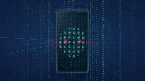 Digital Smartphone Interface with Glowing Red Eyes and Binary Data Stream in Stock Footage 341830412