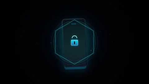 Digital smartphone protection concept featuring glowing blue lock icon agai.. Stock Footage 345277098