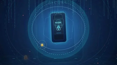 Digital Smartphone Security Concept with Glowing Holographic Interface and Data Stock Footage 343159932