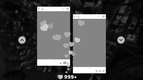 Digital social media interface displaying multiple rising heart icons over a Stock Footage 345212634