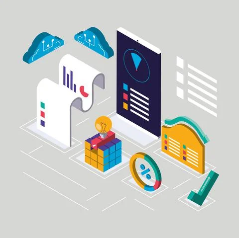 Digital solutions smartphone cloud storage data isometric Stock Illustration