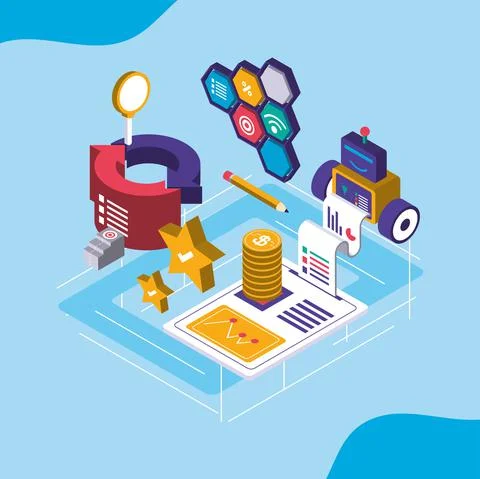 Digital solutions transaction data financial report isometric 스톡 일러스트