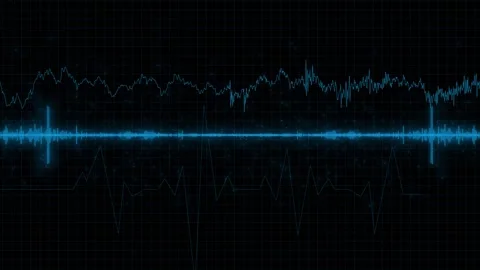 Digital sound spectrum visual cyan waveform lines, dark grid screen, upper signa Stock Footage 340569418