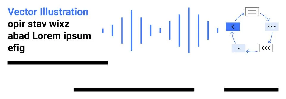 Digital sound waves, process flow diagram with arrows, text elements in blue  Stock Illustration