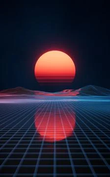 Digital space and sunset with retro style, 3d rendering. Illustrazione stock