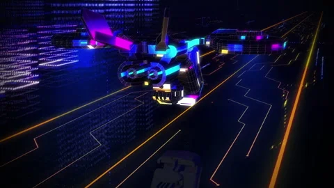 Digital Space Environment. Automatic Drone Following a Path. Low Poly Graphics Stock Footage 277900747