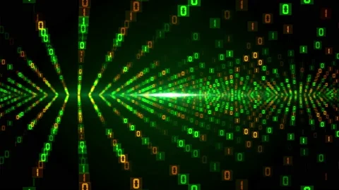 Digital Space Green Orange Shiny Perspective Binary Numeral Pattern Light Flare Stock Footage 198645526