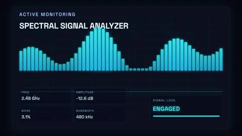 Digital spectral signal analyzer interface with interface glowing blue 스톡 동영상 343773777