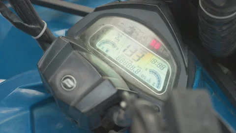 Digital speedometer with flickering ignition lights. Instrument cluster of Stock Footage 332054836
