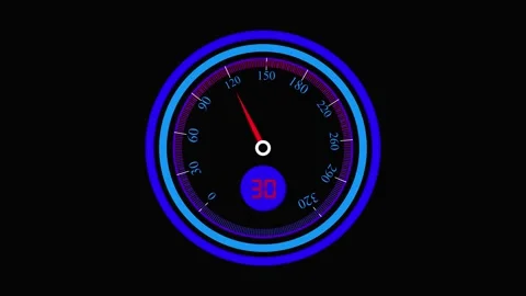 Digital Speedometer Gauge with Red Needle and Blue Outer Ring on animation .. Stock Footage 321592136