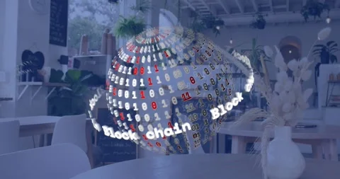 Digital sphere appearing, spinning while blockchain text scrolling, pulsing Stock Footage 318260743