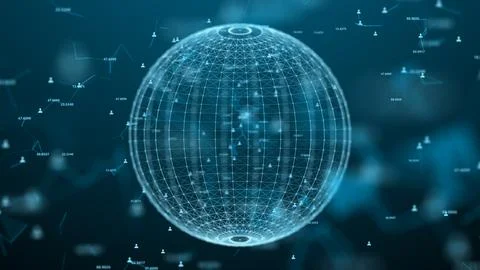 Digital Sphere Composed of Connected Nodes and Lines, Floating in Blue Space. Stock Illustration