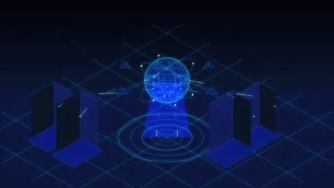 Digital sphere hud animation with isometric grid and glowing blue data Stock Footage 346544732