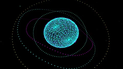 Digital Sphere rotating with orbital paths against dark background with cin.. 스톡 동영상 346272543