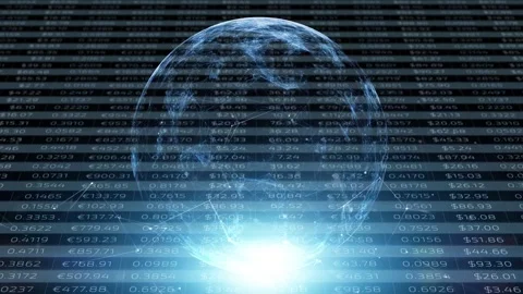 Digital sphere rotation on a table of currency data background Stock Footage 346390950