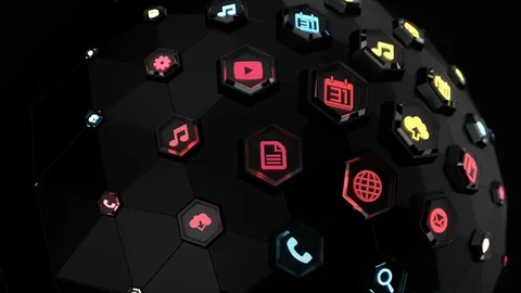 Digital spherical interface with colorful icons and links Stock Footage 106711997