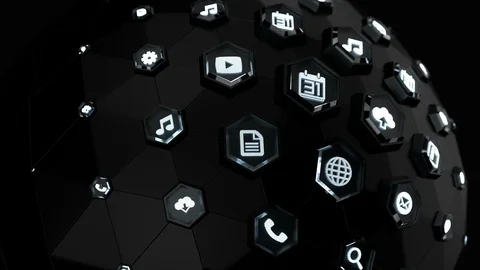 Digital spherical interface with white icons and links Stock Footage 106711737
