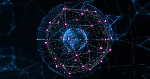 Digital spherical network receiving node signals, rotating and pulsing, Video stock 328417474