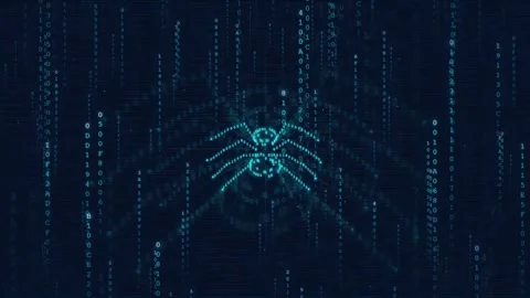 Digital Spider Icon Formed by Binary Code Streams on Dark Blue Cyber Background Stock Footage 336774868