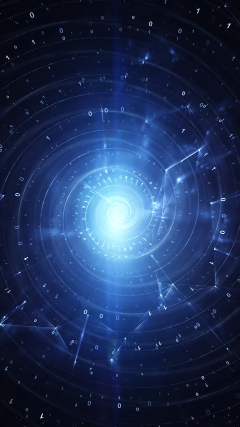 Digital spiral computer network with binary numbers loop vertical animation Stock Footage 345055088