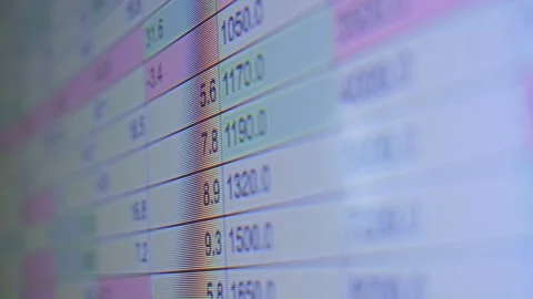A digital spreadsheet tracks the gains and cash outflows of various stocks. An Stock Footage 335760786