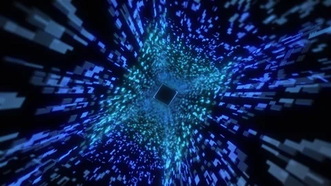 Digital square block tunnel visual with blue flying pixels, central cube shape, Stock Footage 340552791