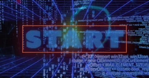 Digital START text with coding elements and blue grid background animation Stock Footage 303675805