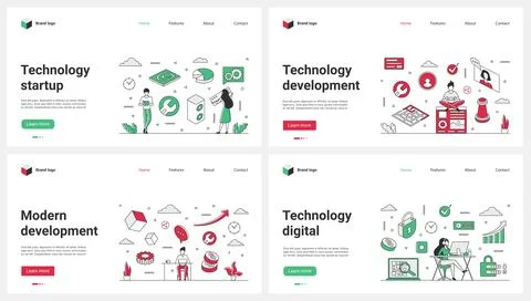 Digital startup development, modern business management technology set and tiny Illustrazione stock