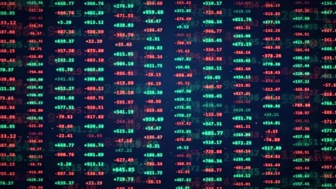 Digital stock market data screen with fluctuating green and red financial Stock Footage 343868954
