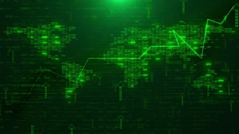 Digital stock market data visual green world map, money values, upward arrows, f Stock Footage 340566138
