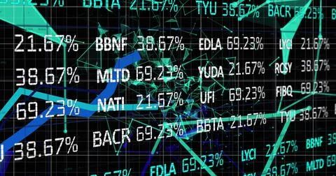 Digital stock market interface displaying fluctuating percentages and data Stock Illustration